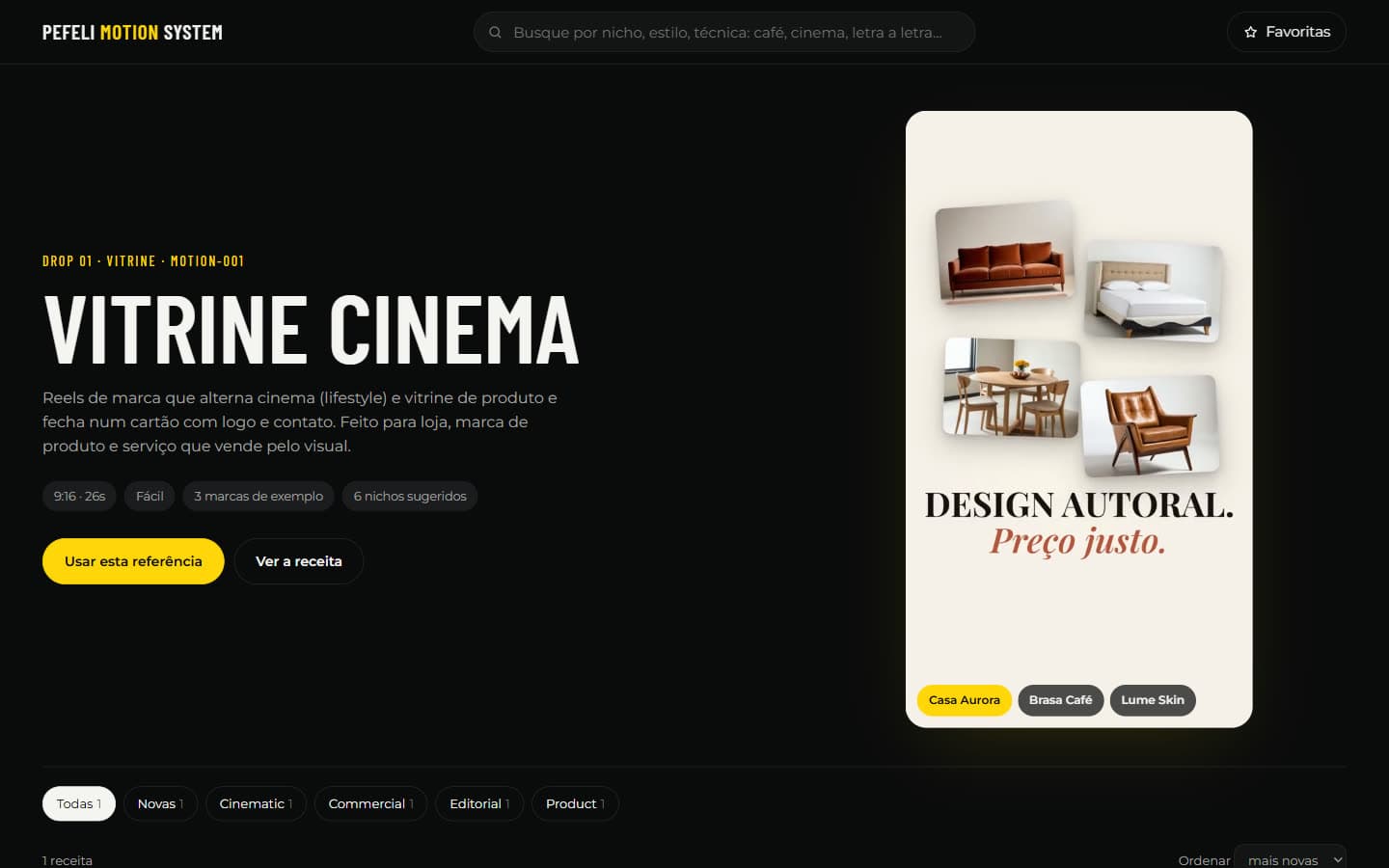 Catálogo do kit aberto no navegador, com a receita Vitrine Cinema em destaque